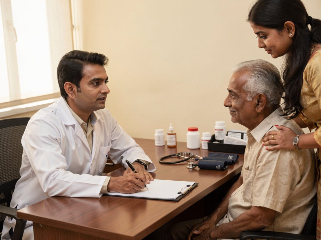 A doctor consulting with an elderly patient and his daughter