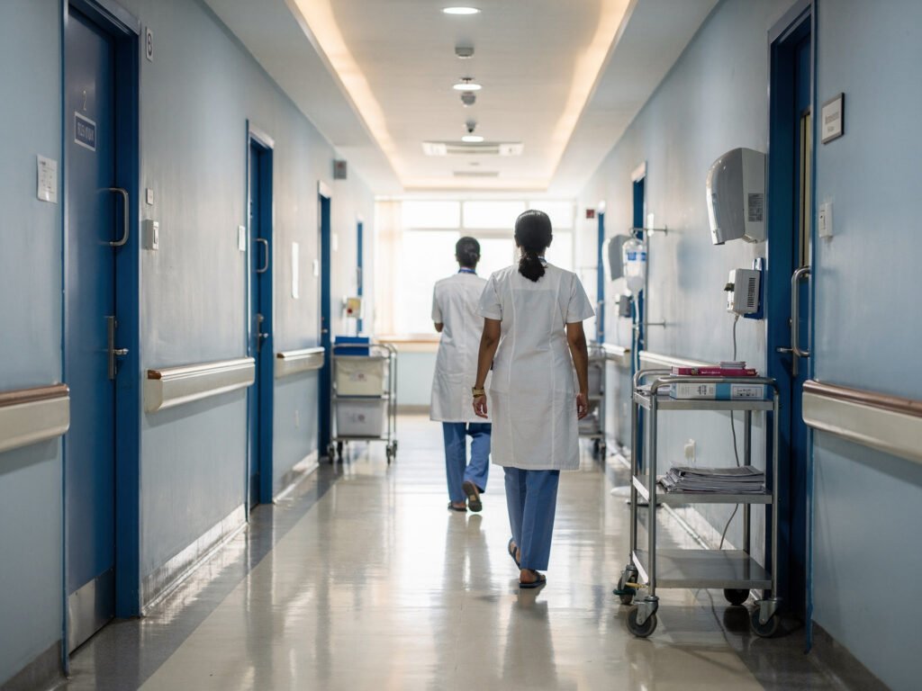 A bright clean hospital corridor