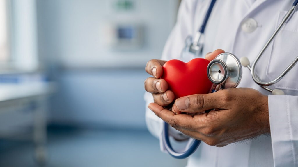 A doctor holding a small red heart and a stethoscope