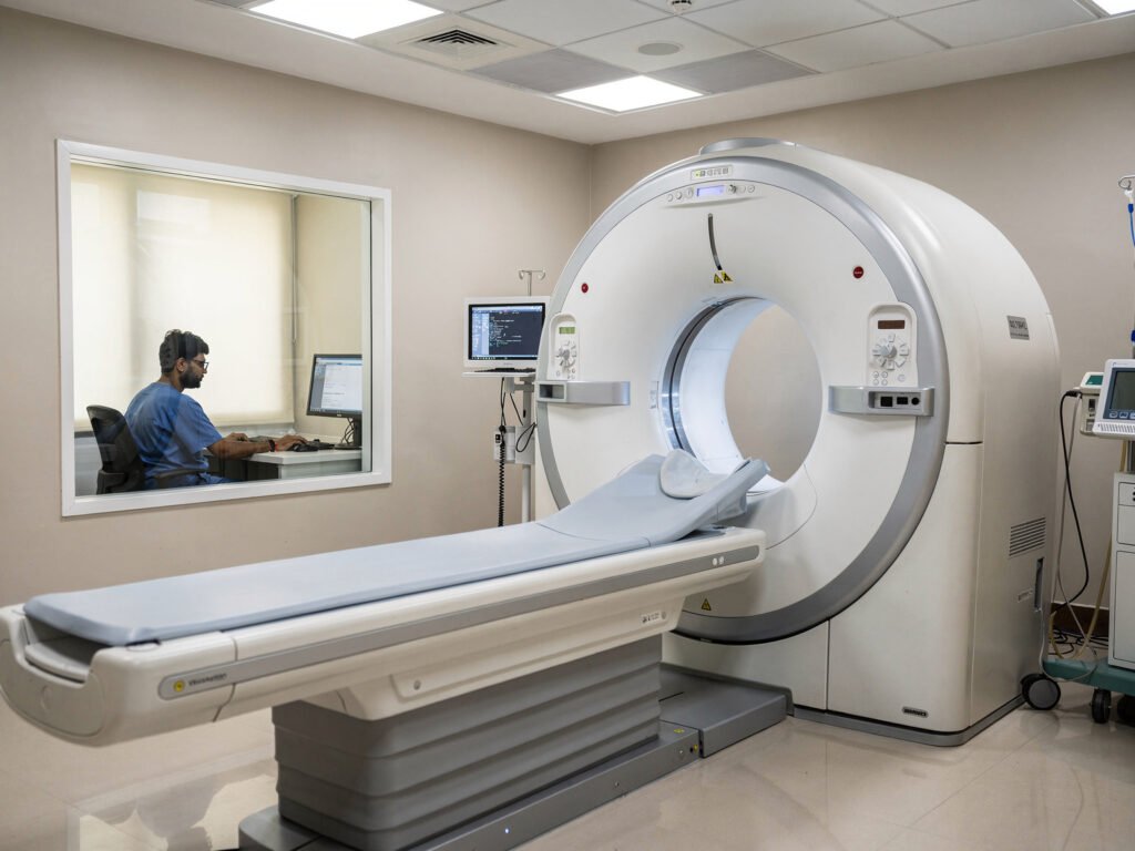 A diagnostic imaging room with a modern CT scanner