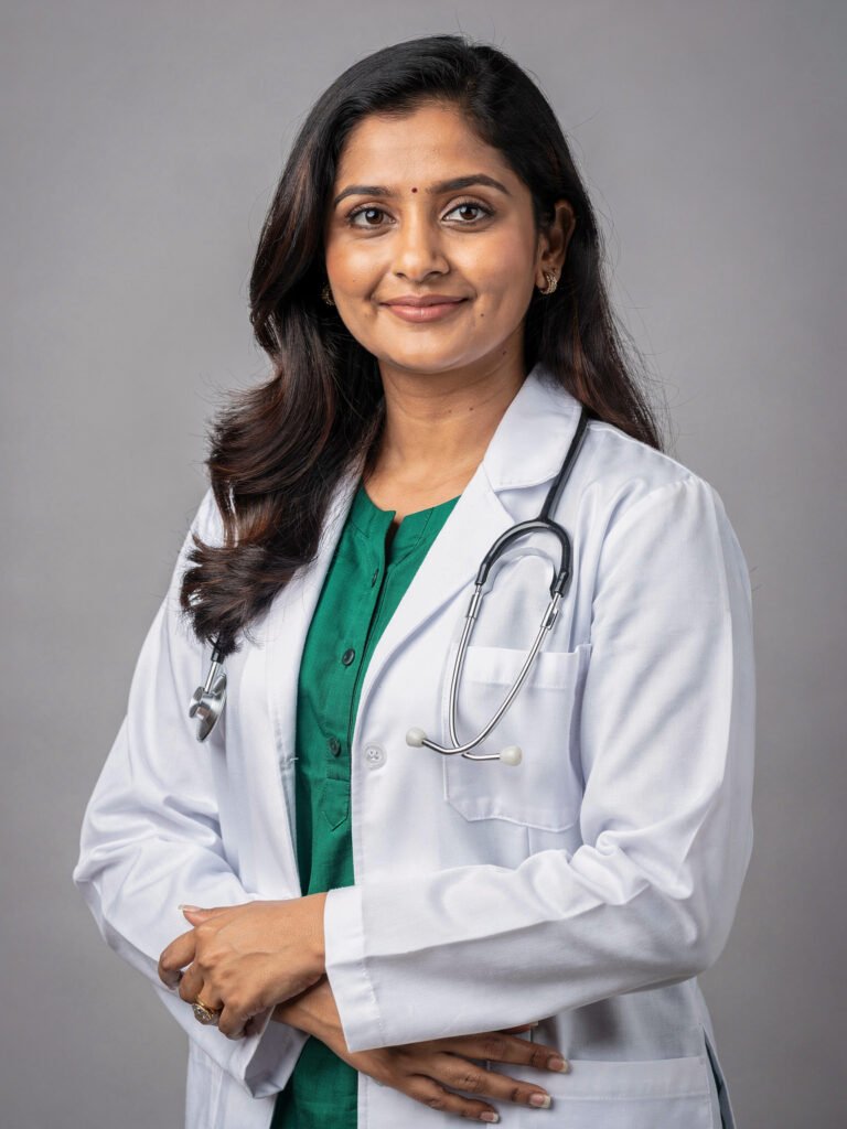 Illustrative portrait of a female doctor in a white coat