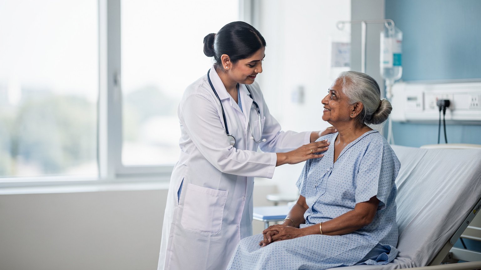 A doctor reassuring an elderly patient in a bright hospital room