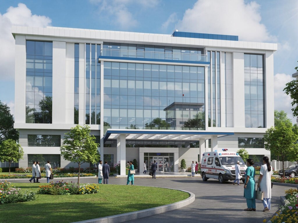 Illustrative exterior of a modern multi-speciality hospital building