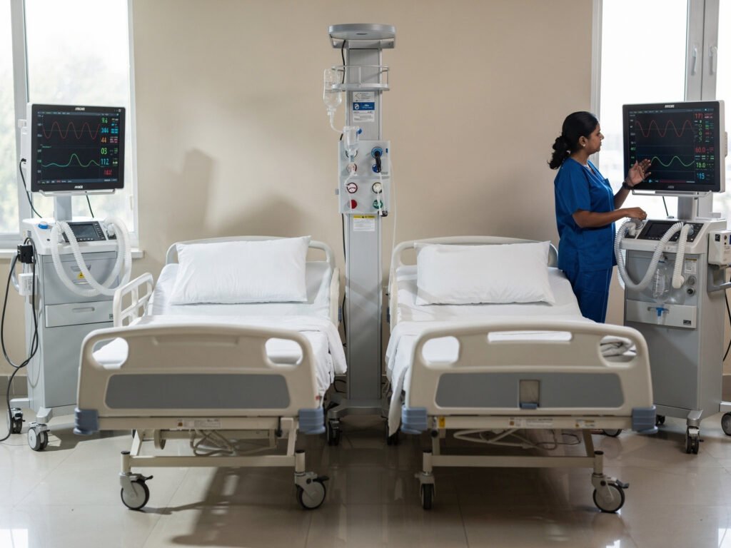 An intensive care unit with modern monitors and beds