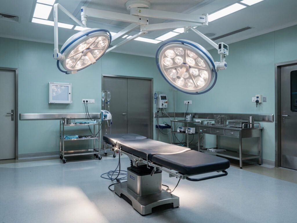 A modern operation theatre with surgical lights and an empty table