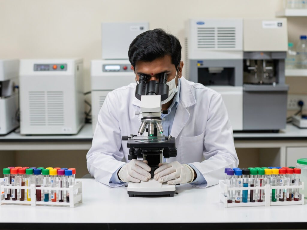 A pathology laboratory technician using a microscope