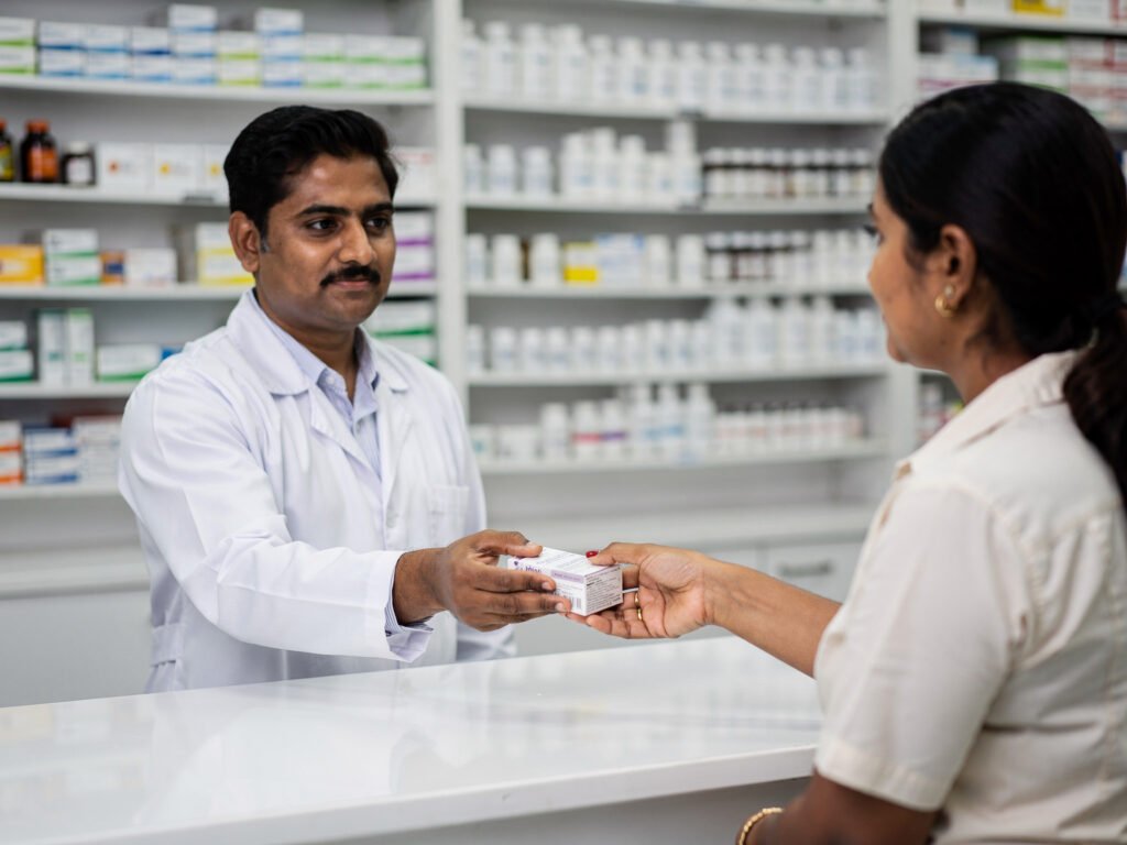 A hospital pharmacy counter with a pharmacist serving a customer