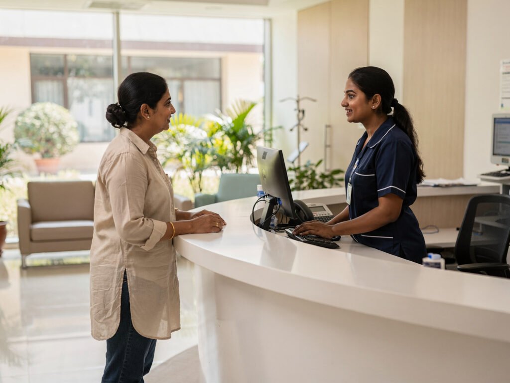 A hospital reception desk with a staff member assisting a patient