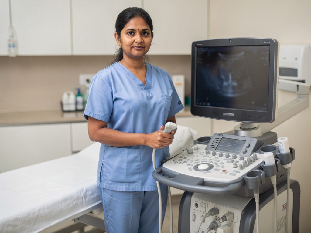 An ultrasound room with a sonographer and a modern ultrasound machine